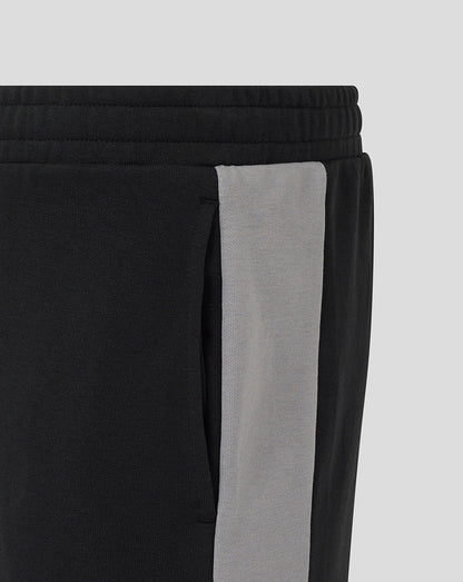 Close up of the shorts side showing a black body with a grey stripe and a pocket opening.