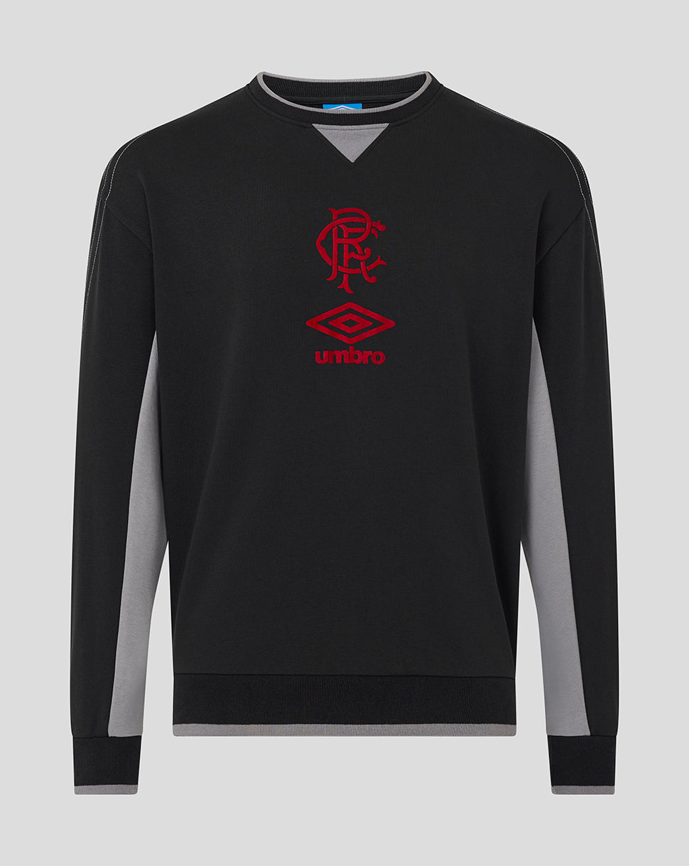 Front view of Rangers travel crew sweatshirt in black with red club crest and Umbro logo and grey trim at cuffs and hem.