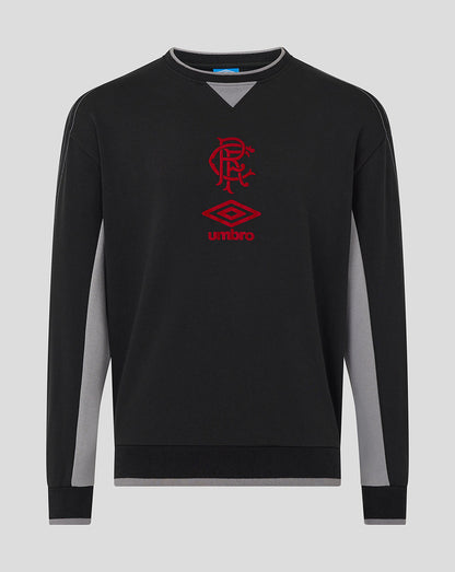 Front view of Rangers travel crew sweatshirt in black with red club crest and Umbro logo and grey trim at cuffs and hem.