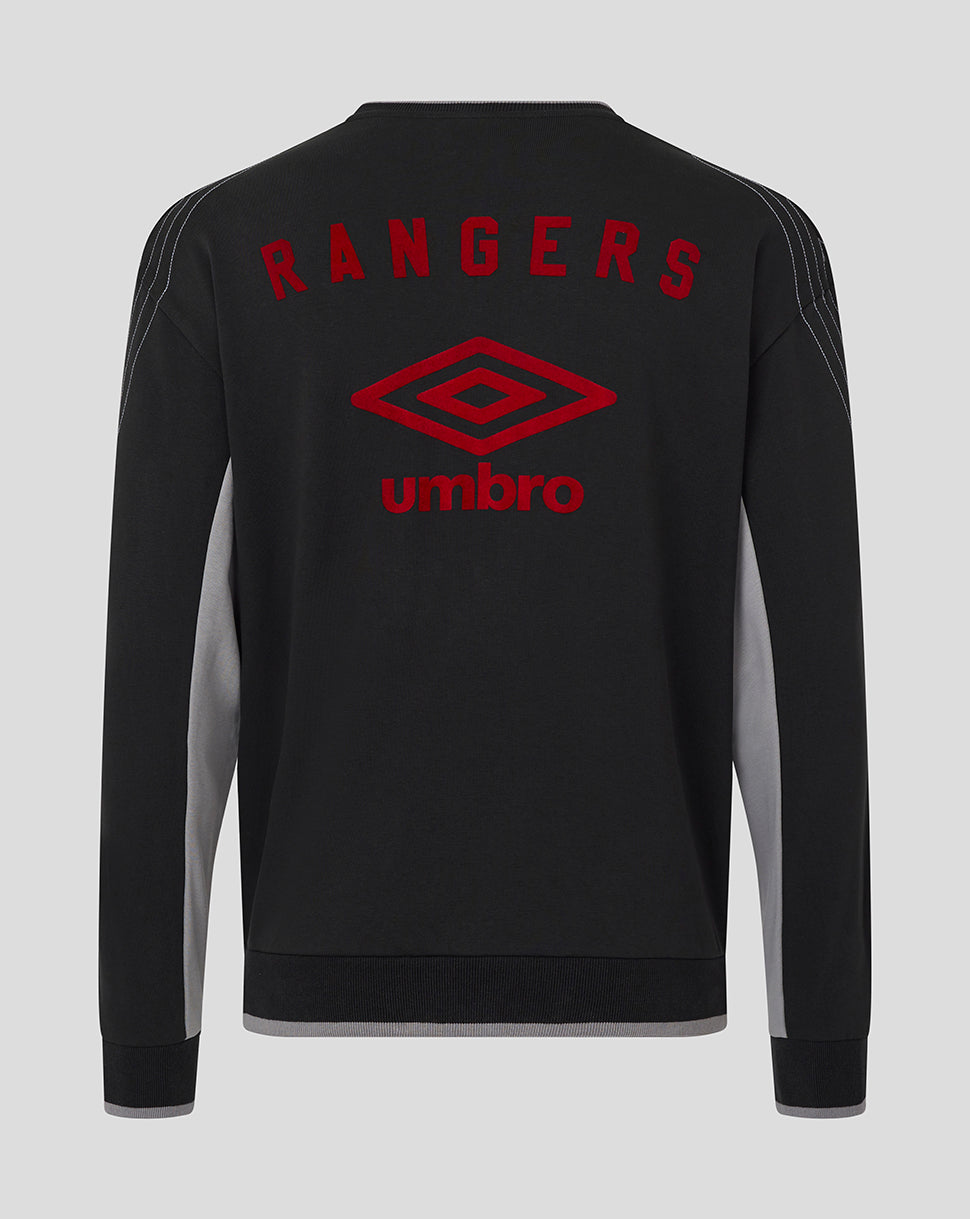 Back view of Rangers travel crew sweatshirt in black with arching red RANGERS lettering above the Umbro emblem.