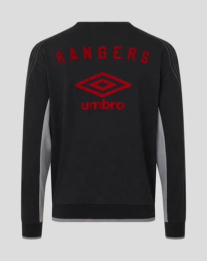 Back view of Rangers travel crew sweatshirt in black with arching red RANGERS lettering above the Umbro emblem.