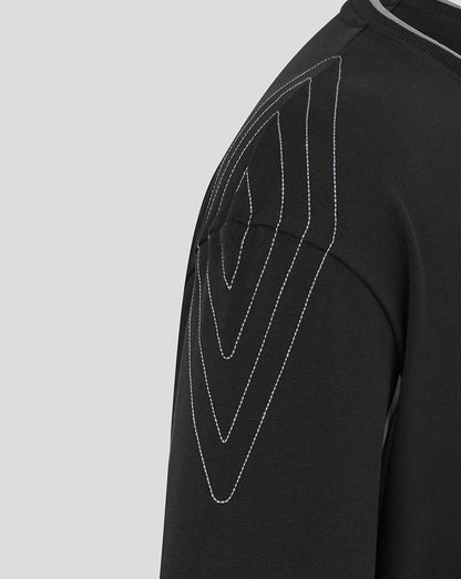 Black Rangers travel hoodie shoulder with white contrast stitching forming geometric panel lines.
