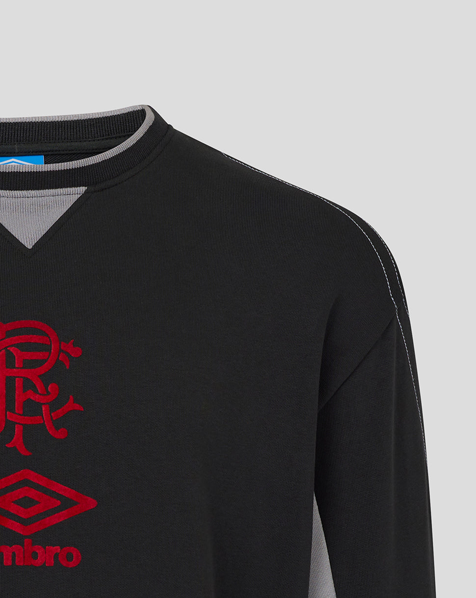 Close-up of the shoulder seam and knit fabric texture with white topstitching on the black Rangers travel crew sweatshirt.