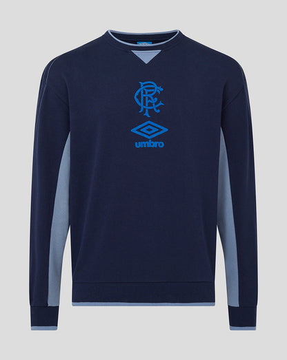Front view of navy Rangers travel crew sweatshirt with light blue sleeve panels and blue club crest and Umbro logo