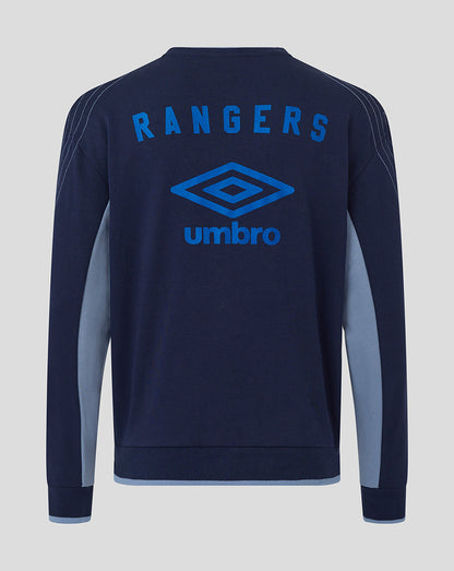 Back view of navy Rangers travel crew sweatshirt with RANGERS lettering across the shoulders and Umbro logo