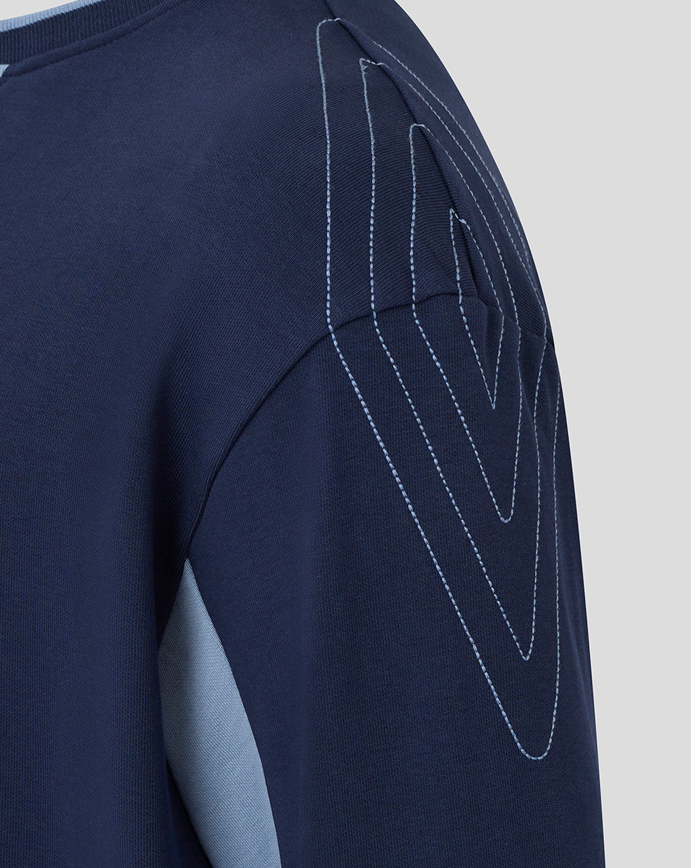Close up of the shoulder showing light blue contrast stitching on navy Rangers travel crew sweatshirt