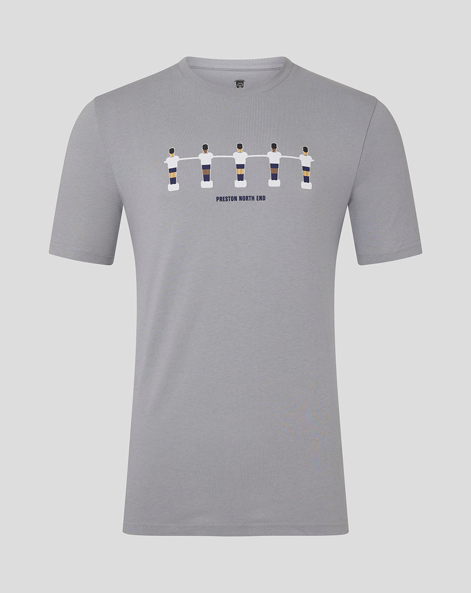 Grey Preston North End table football tee with a row of stylised players across the chest and club text