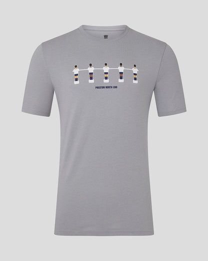 Grey Preston North End table football tee with a row of stylised players across the chest and club text