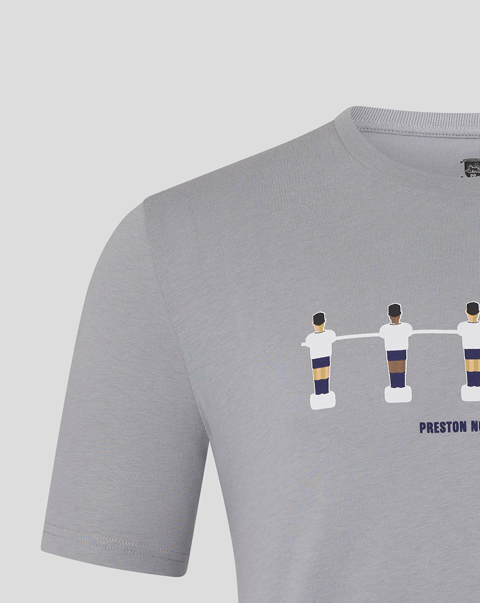 Light gray unisex T shirt with a Preston North End table football graphic of five players connected by a bar