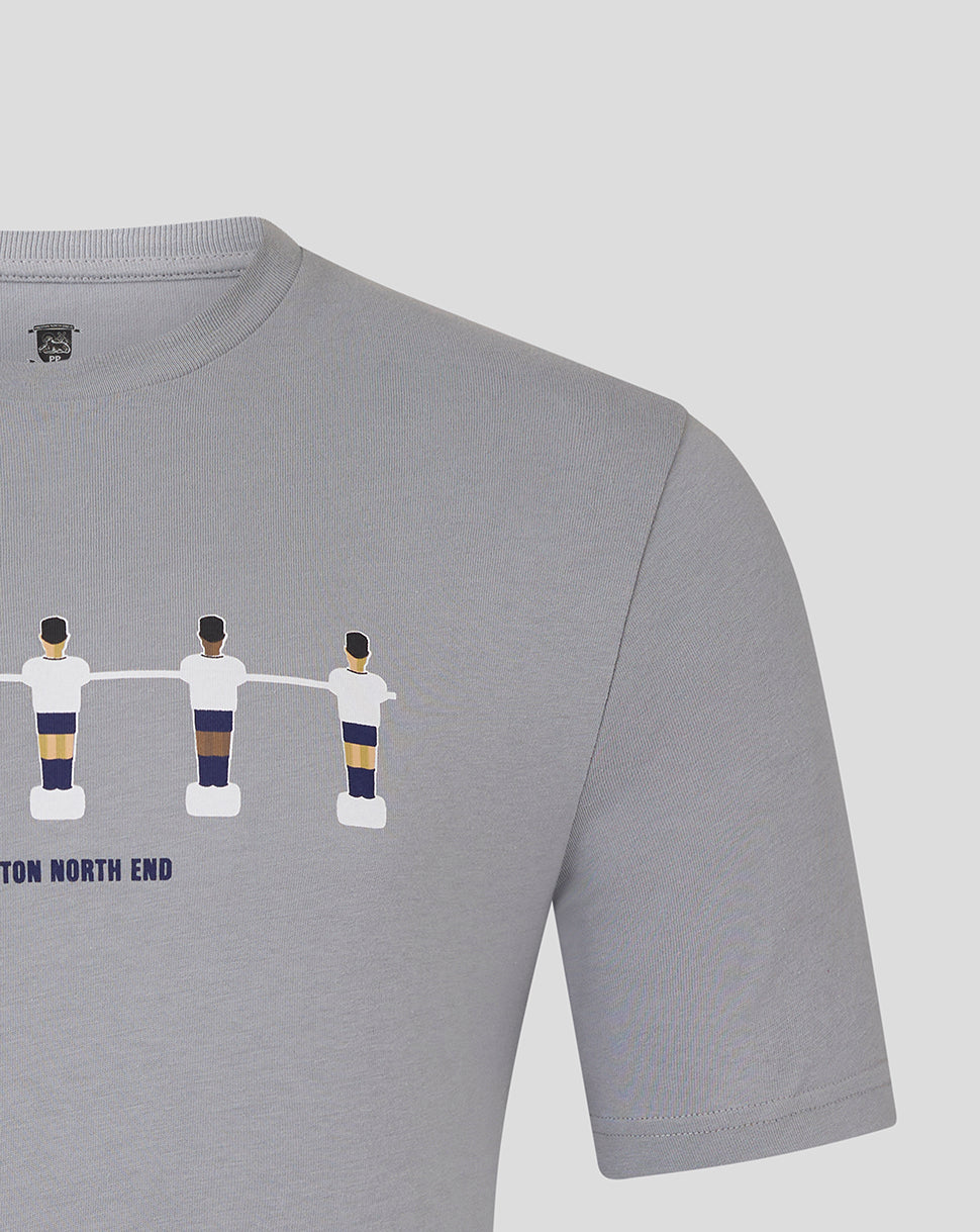 Close up of light gray Preston North End table football tee print showing five players linked by a horizontal bar