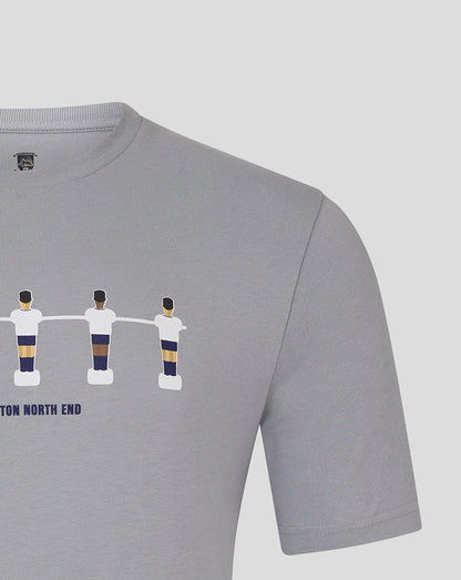 Close up of light gray Preston North End table football tee print showing five players linked by a horizontal bar