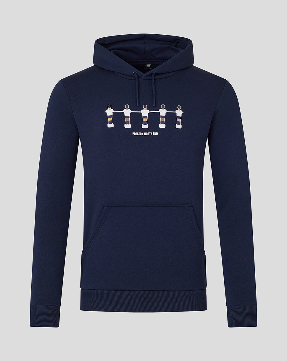Navy hoodie with five foosball players graphic and Preston North End text on the chest.