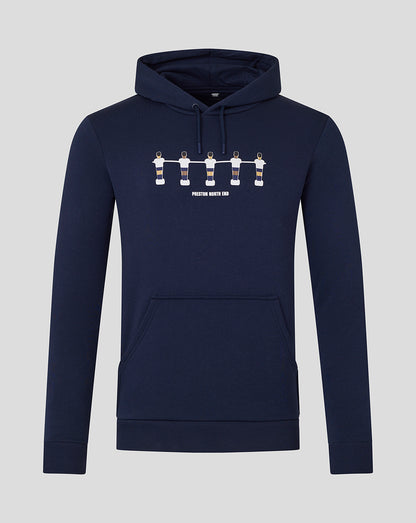 Navy hoodie with five foosball players graphic and Preston North End text on the chest.