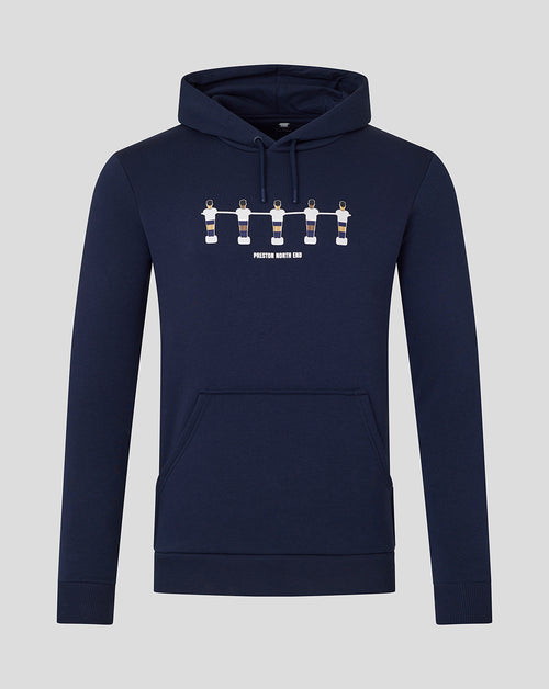 Navy hoodie with five foosball players graphic and Preston North End text on the chest.