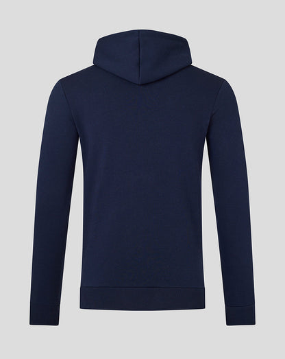 Back view of navy hoodie with hood up and ribbed hem and cuffs