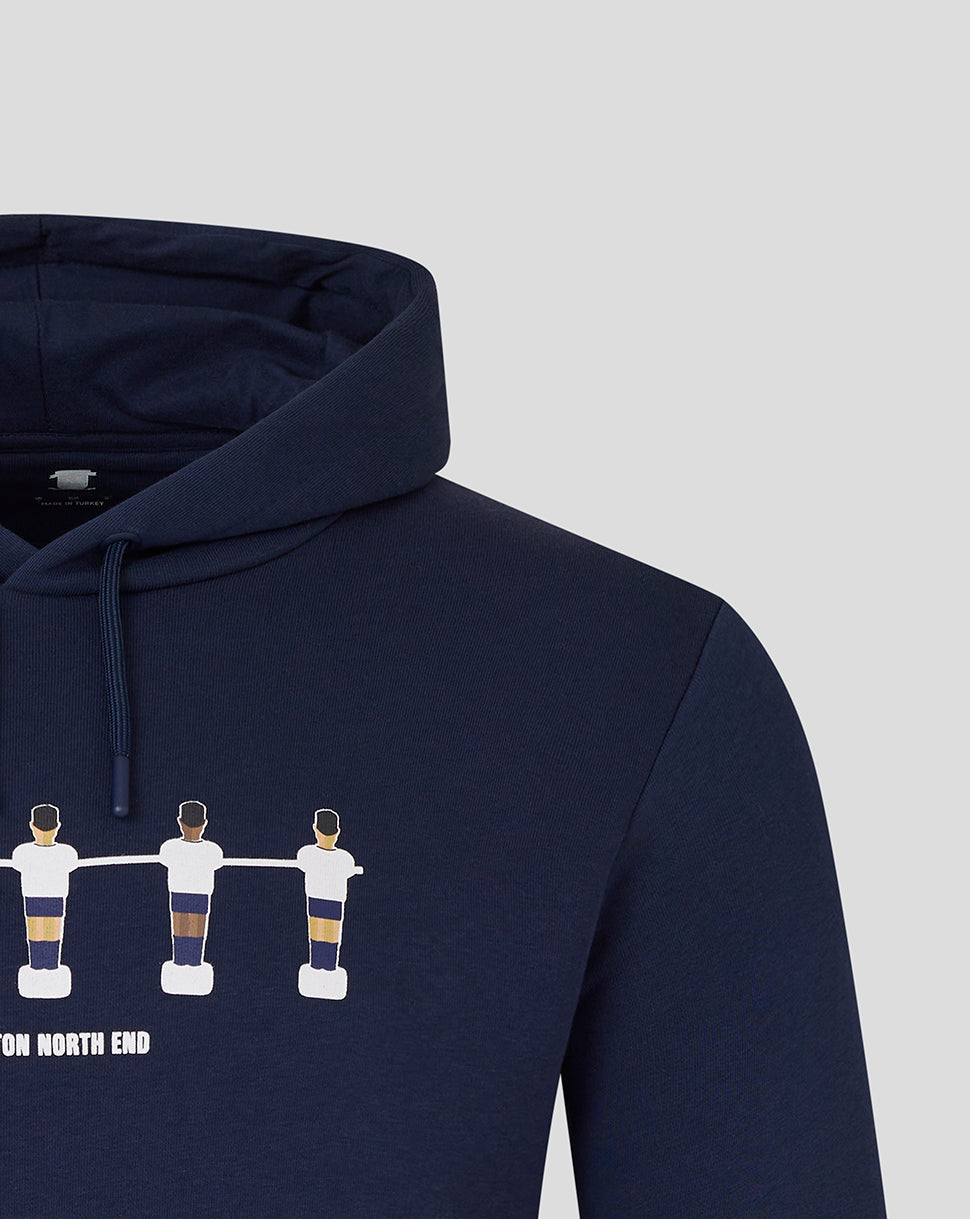 Close up of navy hoodie with hood and drawstrings featuring a foosball players graphic across the chest