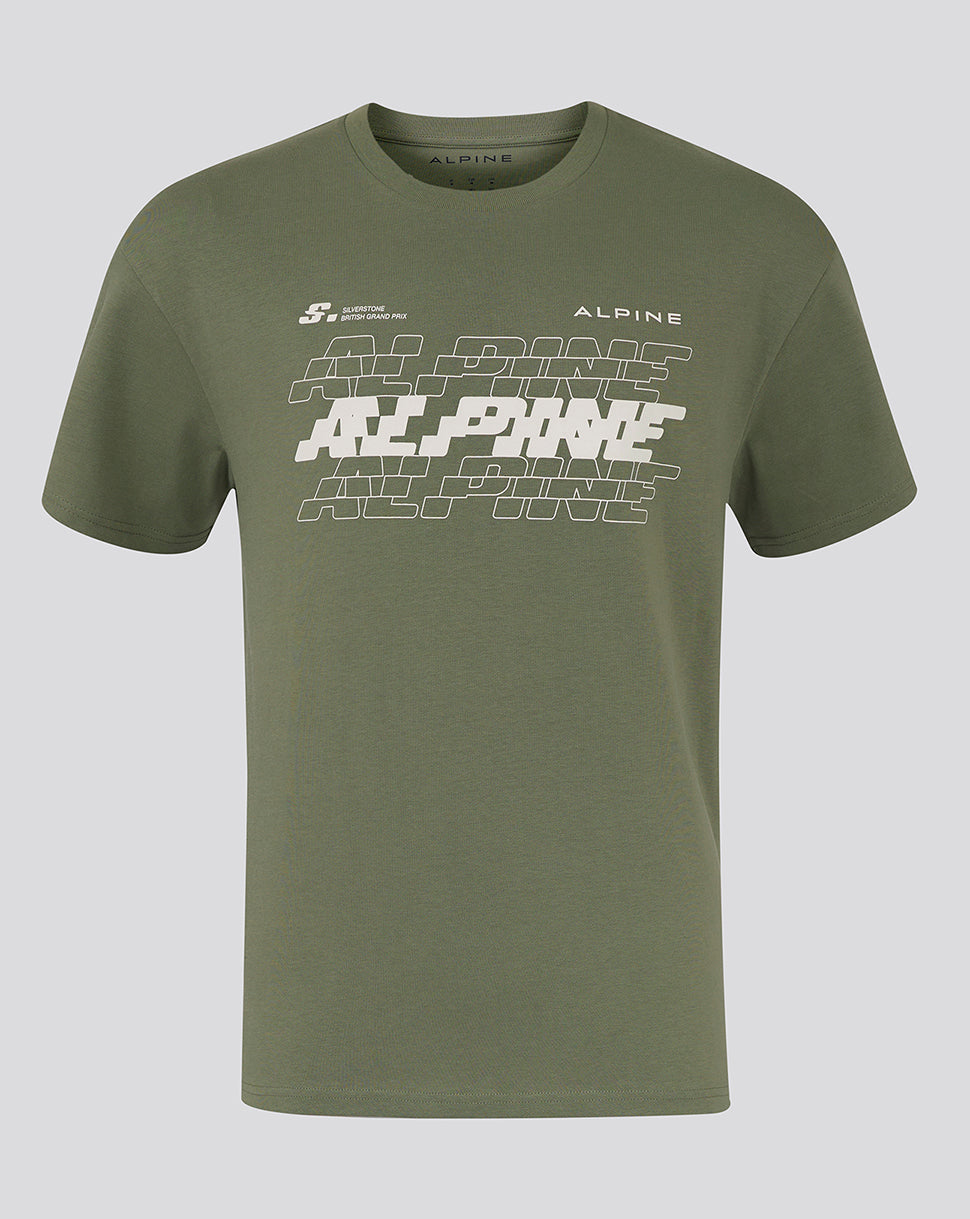 Green oversized Alpine T shirt with bold white chest graphic and Alpine branding