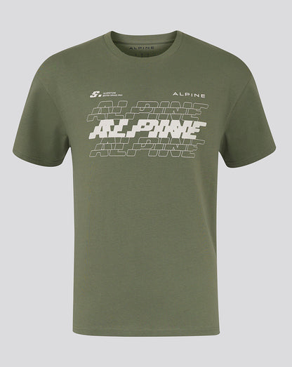 Green oversized Alpine T shirt with bold white chest graphic and Alpine branding