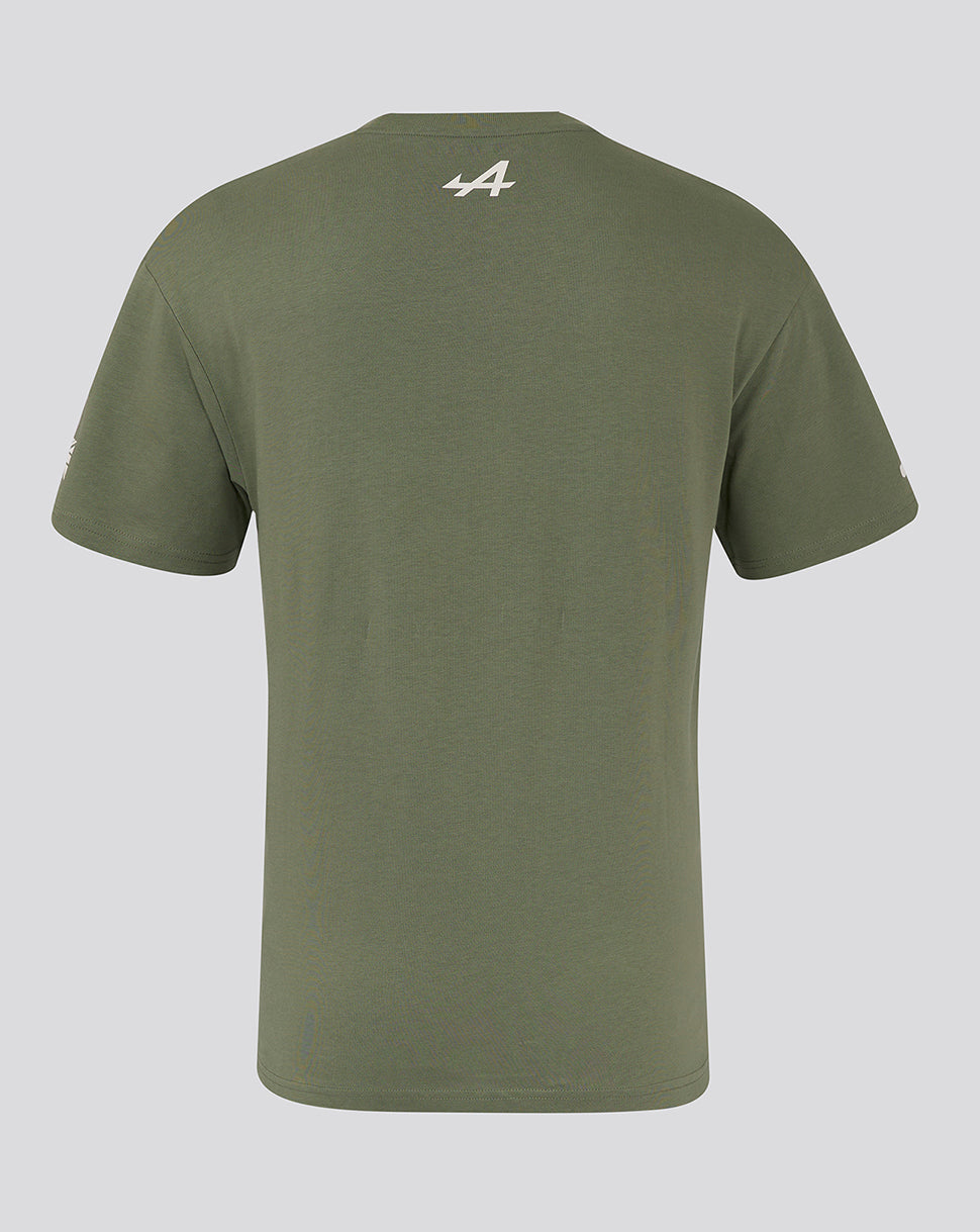 Back view of olive green BWT Alpine Silverstone oversized T shirt with small white Alpine logo at upper back