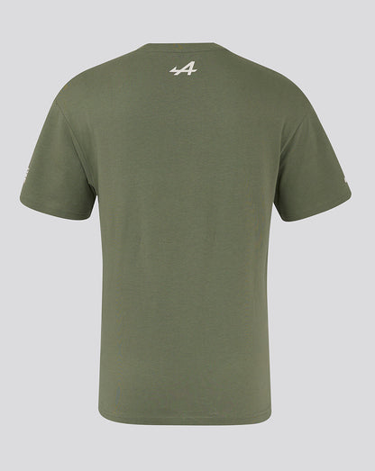 Back view of olive green BWT Alpine Silverstone oversized T shirt with small white Alpine logo at upper back