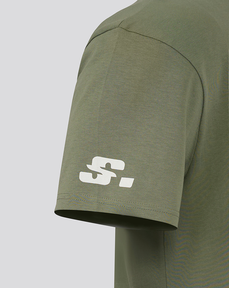 Close up of the olive green sleeve showing a white Alpine logo near the cuff