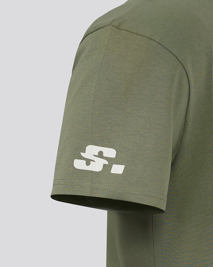 Close up of the olive green sleeve showing a white Alpine logo near the cuff