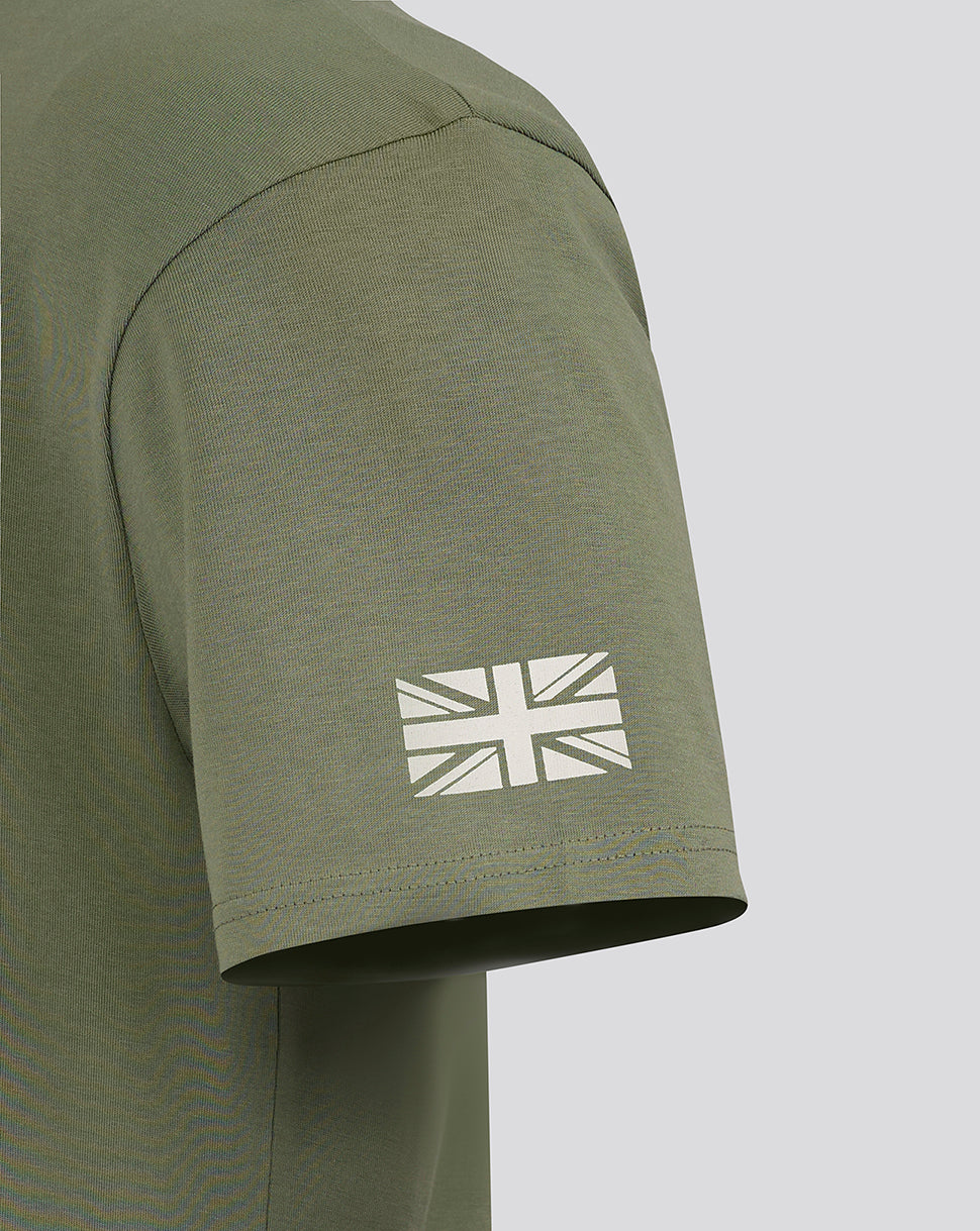 White Union Jack graphic on the olive green sleeve of the Alpine T shirt