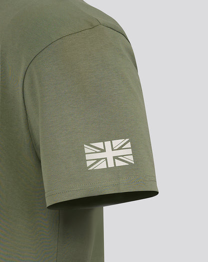 White Union Jack graphic on the olive green sleeve of the Alpine T shirt