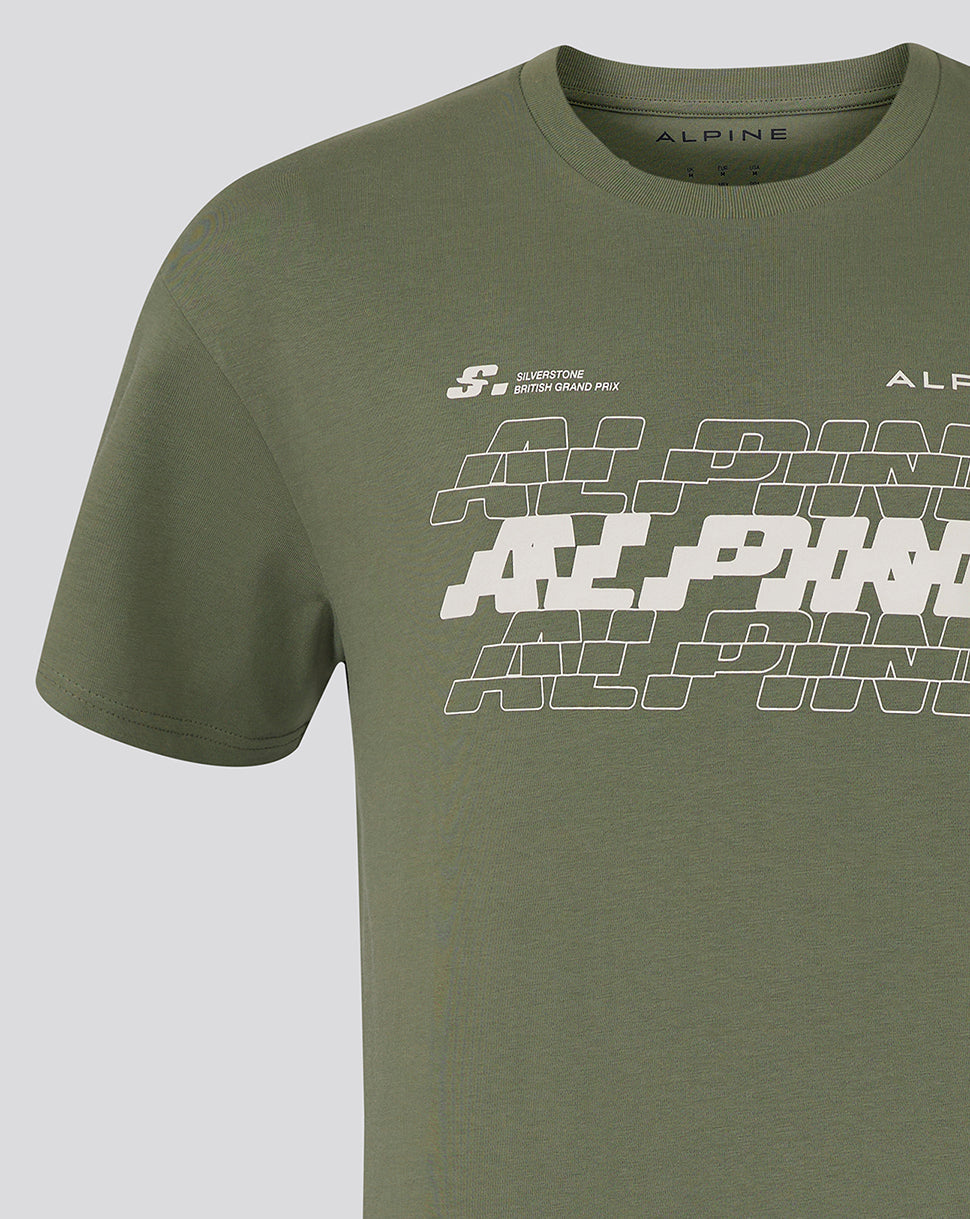 Olive green oversized BWT Alpine Formula 1 Silverstone T shirt with bold white Alpine graphic across the chest