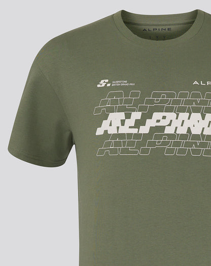 Olive green oversized BWT Alpine Formula 1 Silverstone T shirt with bold white Alpine graphic across the chest