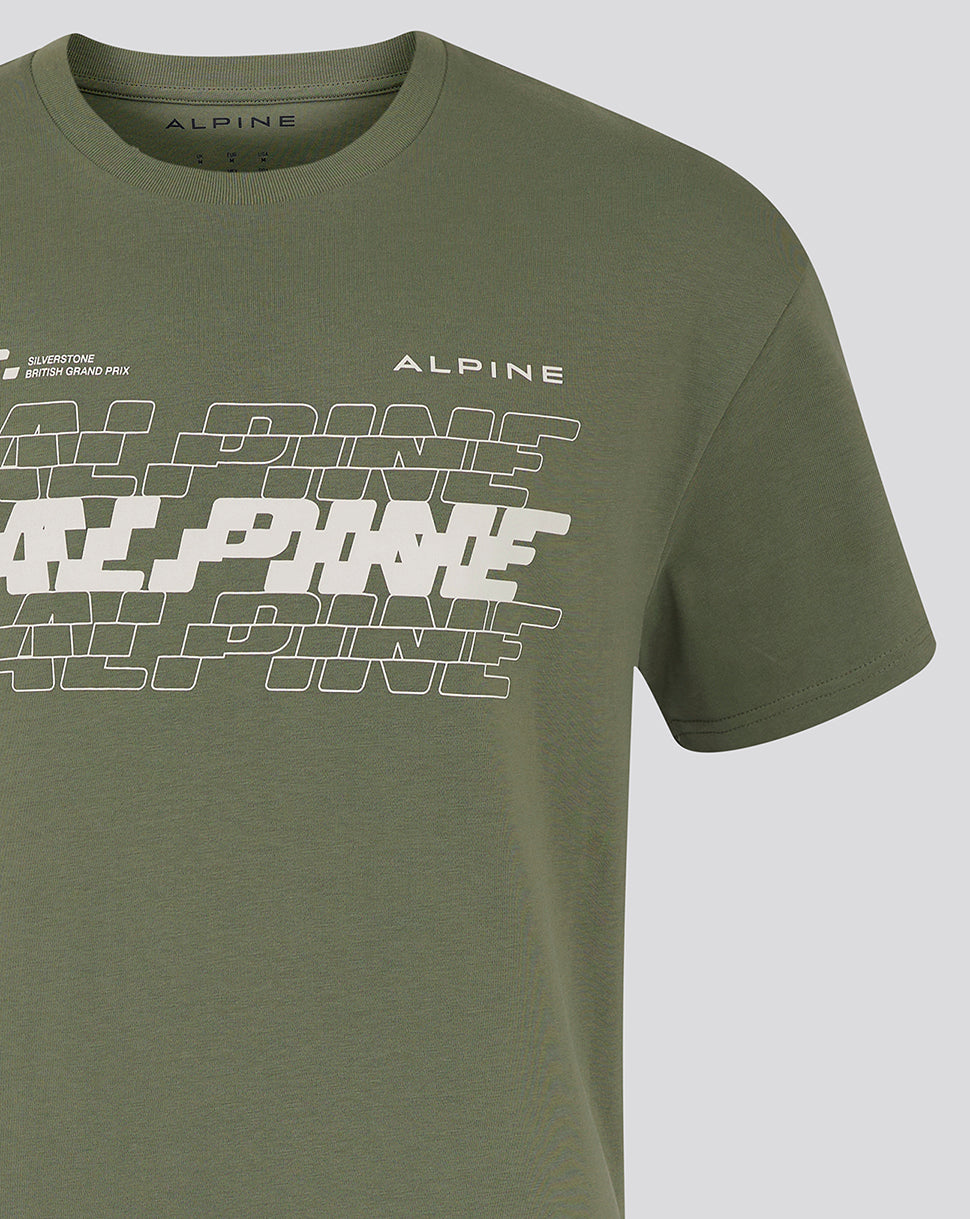 Green oversized T shirt featuring Alpine branding and a bold outlined graphic across the chest