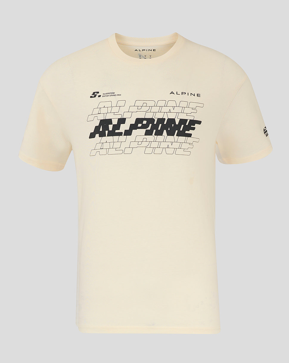 Cream egret oversized Alpine Formula 1 Silverstone T shirt with bold black graphic across the chest and a Union Jack patch on the sleeve