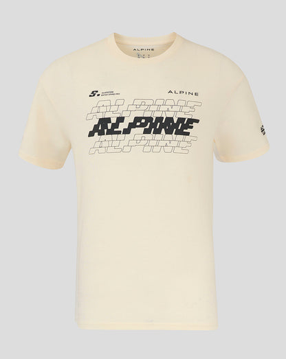 Cream egret oversized Alpine Formula 1 Silverstone T shirt with bold black graphic across the chest and a Union Jack patch on the sleeve