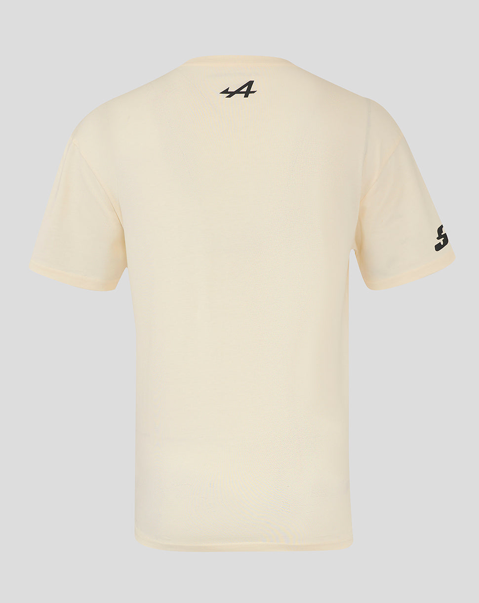Back view of a pale cream short sleeve tee with a small logo at the neck and another logo on the sleeve.