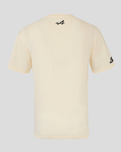 Back view of a pale cream short sleeve tee with a small logo at the neck and another logo on the sleeve.