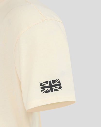 Cream T-shirt sleeve featuring a small black Union Jack graphic.