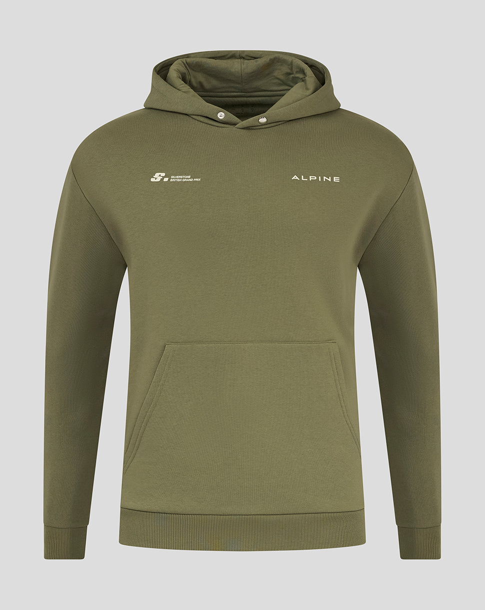 Olive green Alpine Silverstone oversized unisex hoodie front view with kangaroo pocket and hood