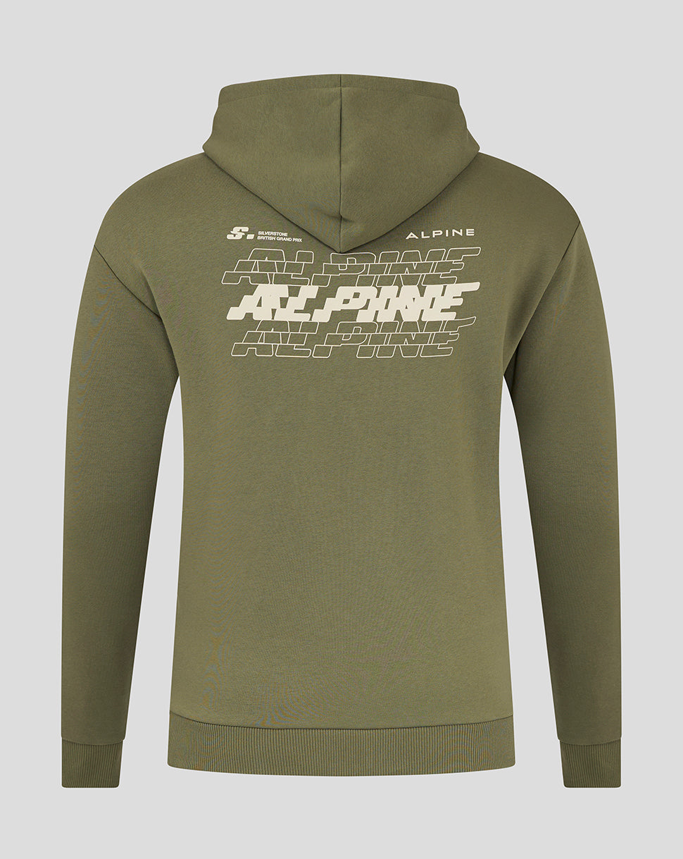 Back view of an olive green Alpine Formula 1 Team Silverstone oversized hoodie with a large white Alpine graphic across the back