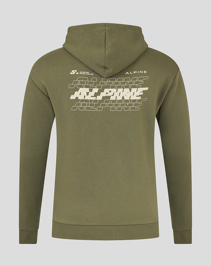 Back view of an olive green Alpine Formula 1 Team Silverstone oversized hoodie with a large white Alpine graphic across the back