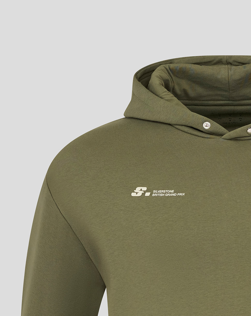 Close up of the olive green hooded hoodie showing hood with metal snaps and a small white Alpine branding on the chest