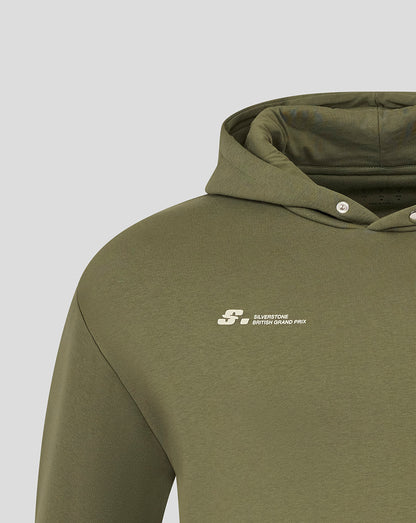 Close up of the olive green hooded hoodie showing hood with metal snaps and a small white Alpine branding on the chest