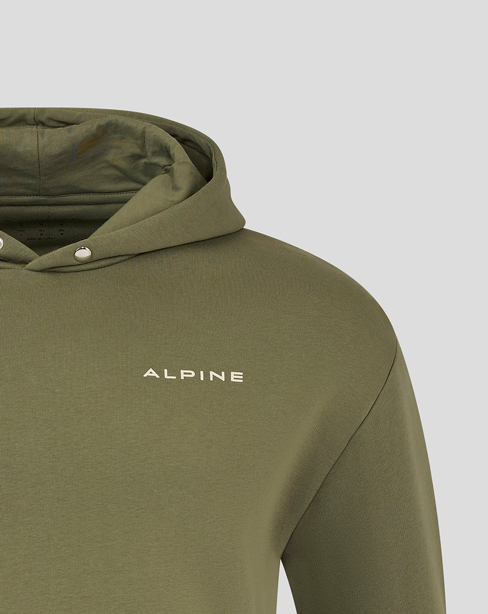 Shoulder and chest view of the olive green hoodie featuring a small white ALPINE logo on the chest