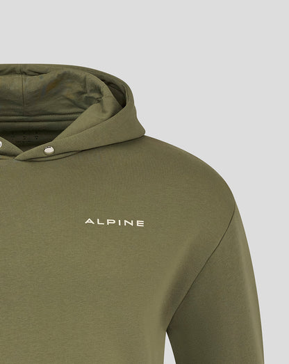 Shoulder and chest view of the olive green hoodie featuring a small white ALPINE logo on the chest
