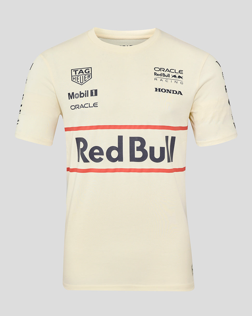 Cream heritage short sleeve T shirt with large Red Bull across the chest and multiple sponsor logos on the front