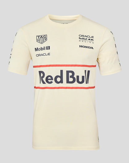 Cream heritage short sleeve T shirt with large Red Bull across the chest and multiple sponsor logos on the front