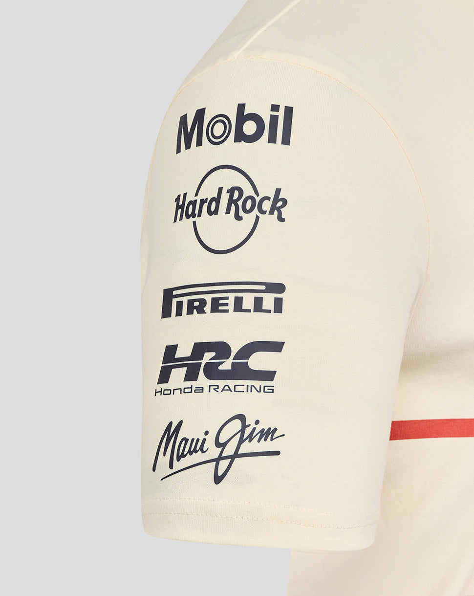 Egret unisex heritage short sleeve T shirt sleeve with stacked sponsor logos Mobil Hard Rock Pirelli Honda Racing and Maui Jim