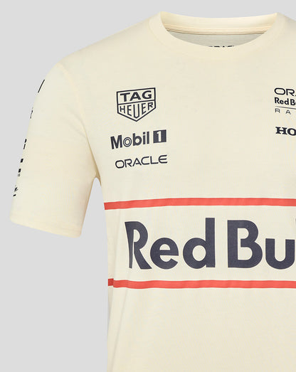 Egret heritage short sleeve T shirt featuring a bold Red Bull logo across the chest with sponsor logos on the front