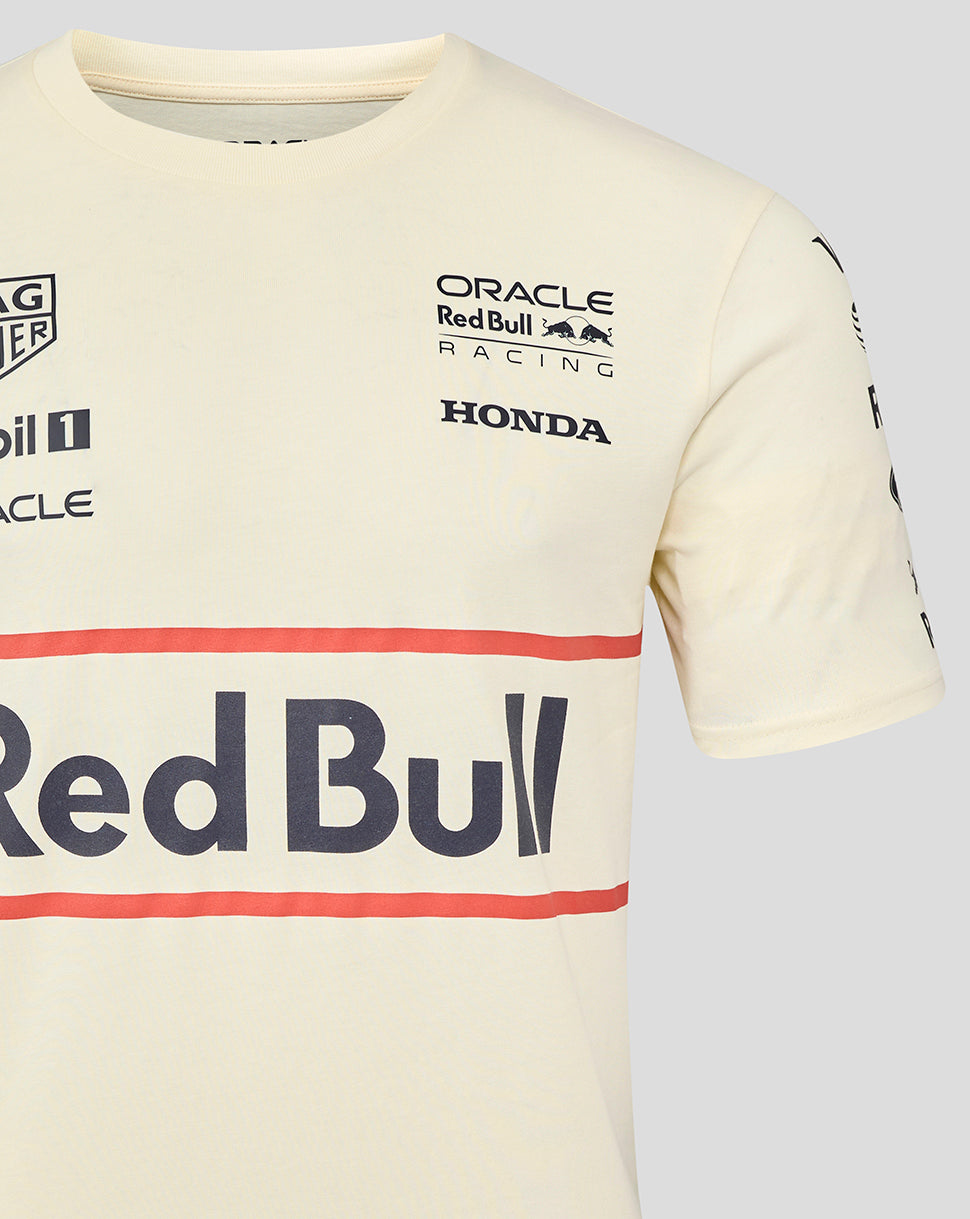 Egret heritage short sleeve T shirt with Red Bull across the chest and sponsor logos including Tag Heuer Mobil 1 Oracle and Honda Racing