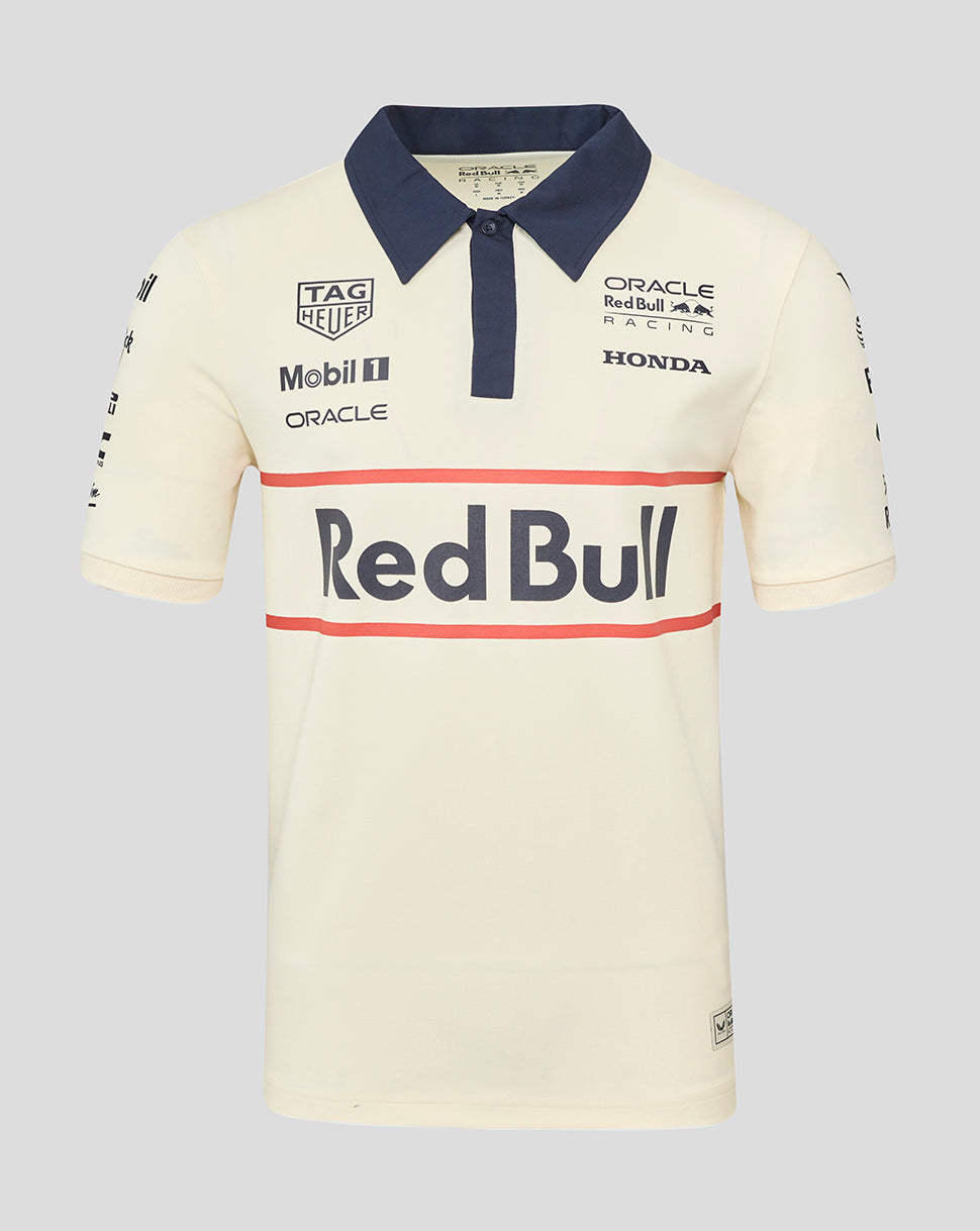 Egret heritage polo with navy collar and front Red Bull Oracle logos and sleeve branding