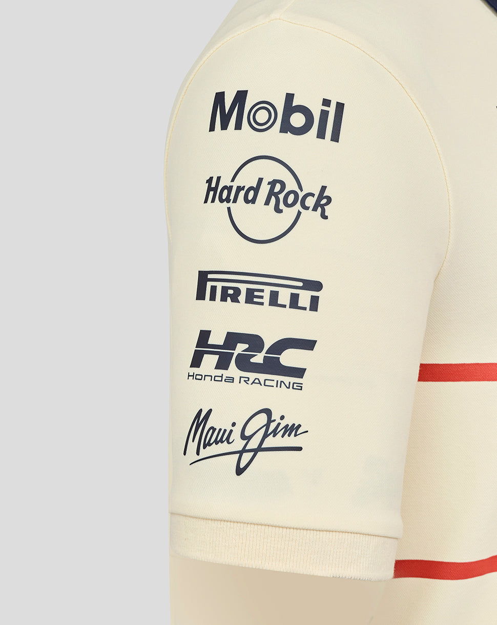 Other sleeve of the cream polo showing Mobil Hard Rock Pirelli Honda Racing and Maui Jim logos.